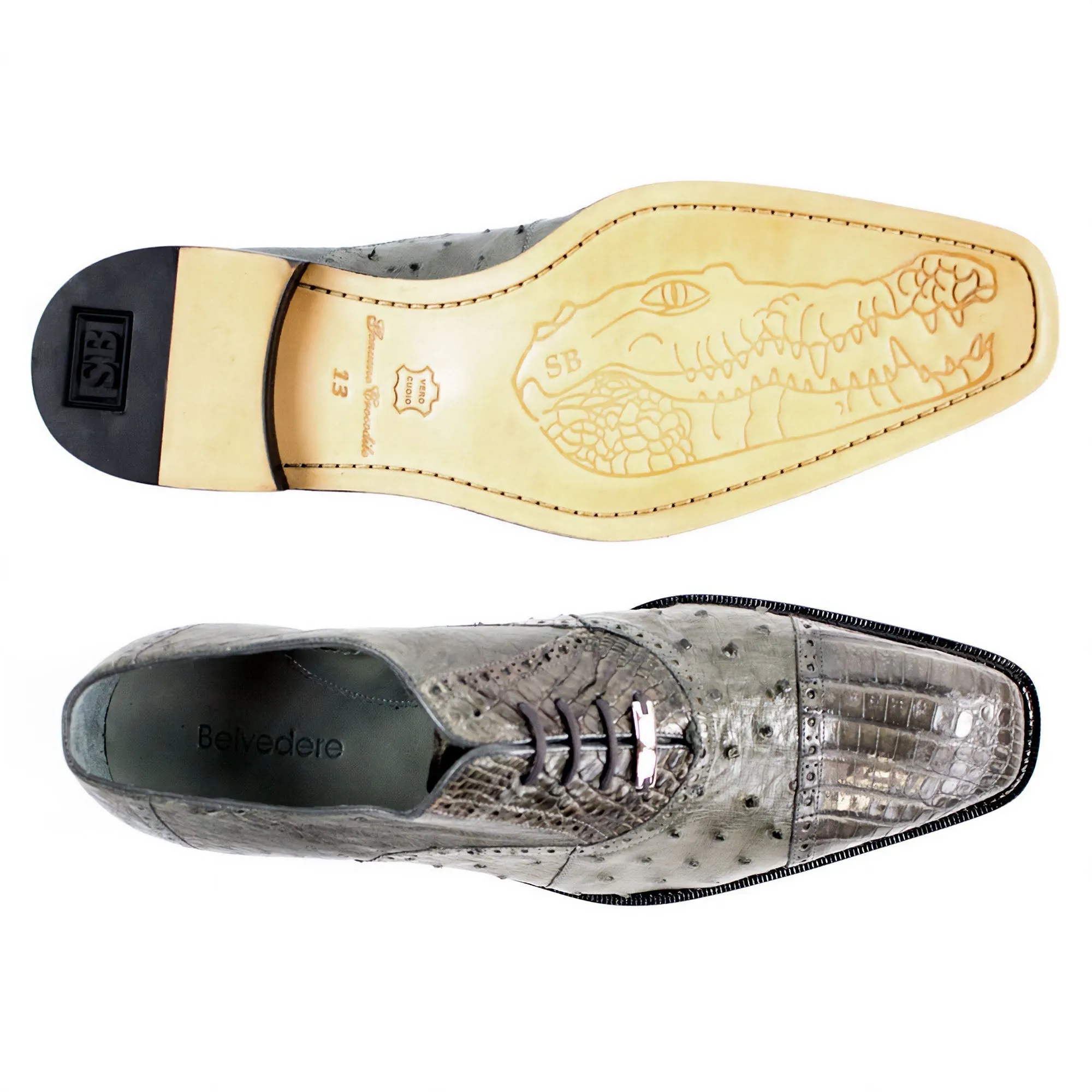 Belvedere Onesto II in Gray Genuine Ostrich & Crocodile Oxfords