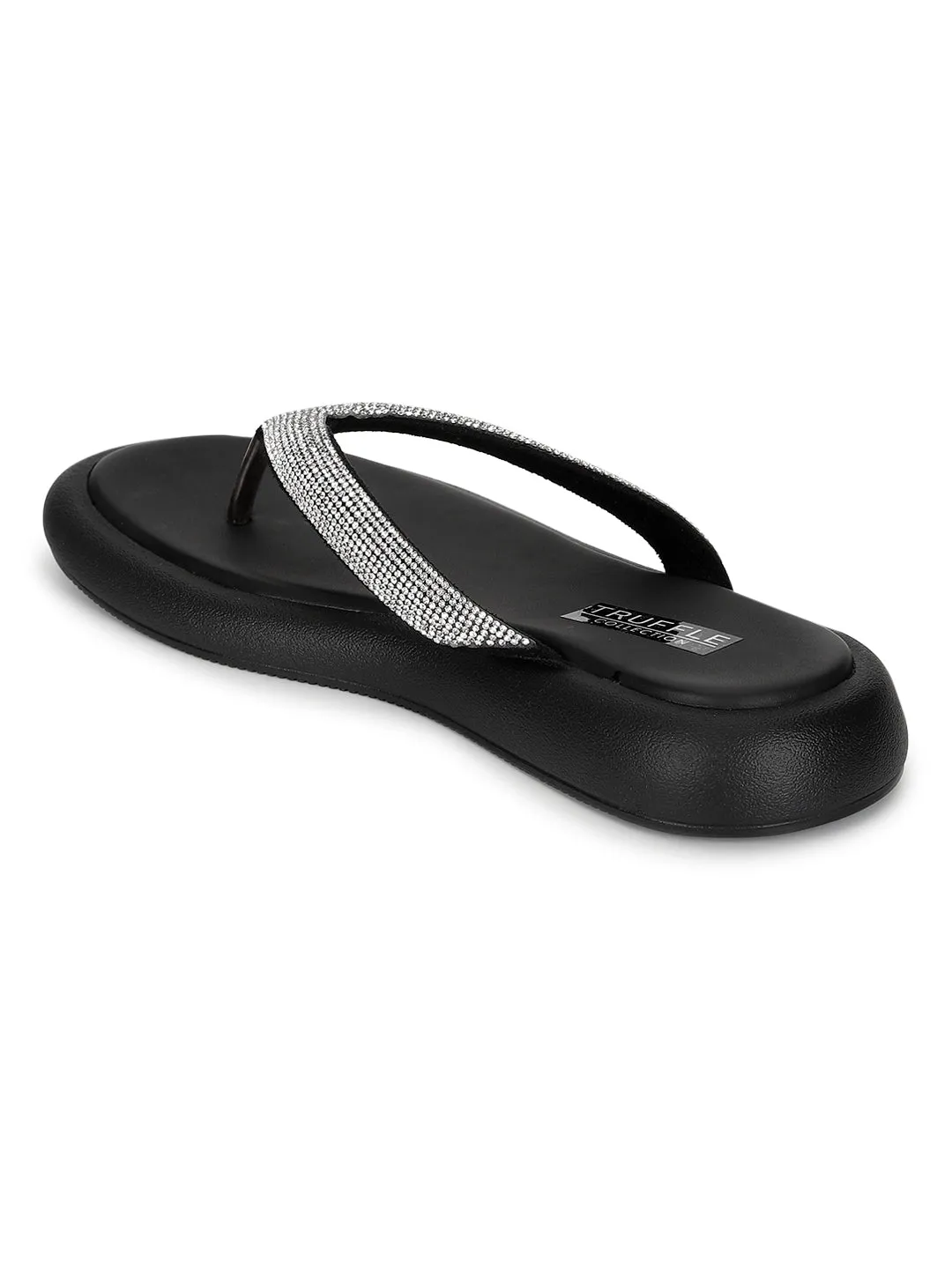 Black PU Embellished T-Strap Stylish Flats (TC-RS3639-BLK)