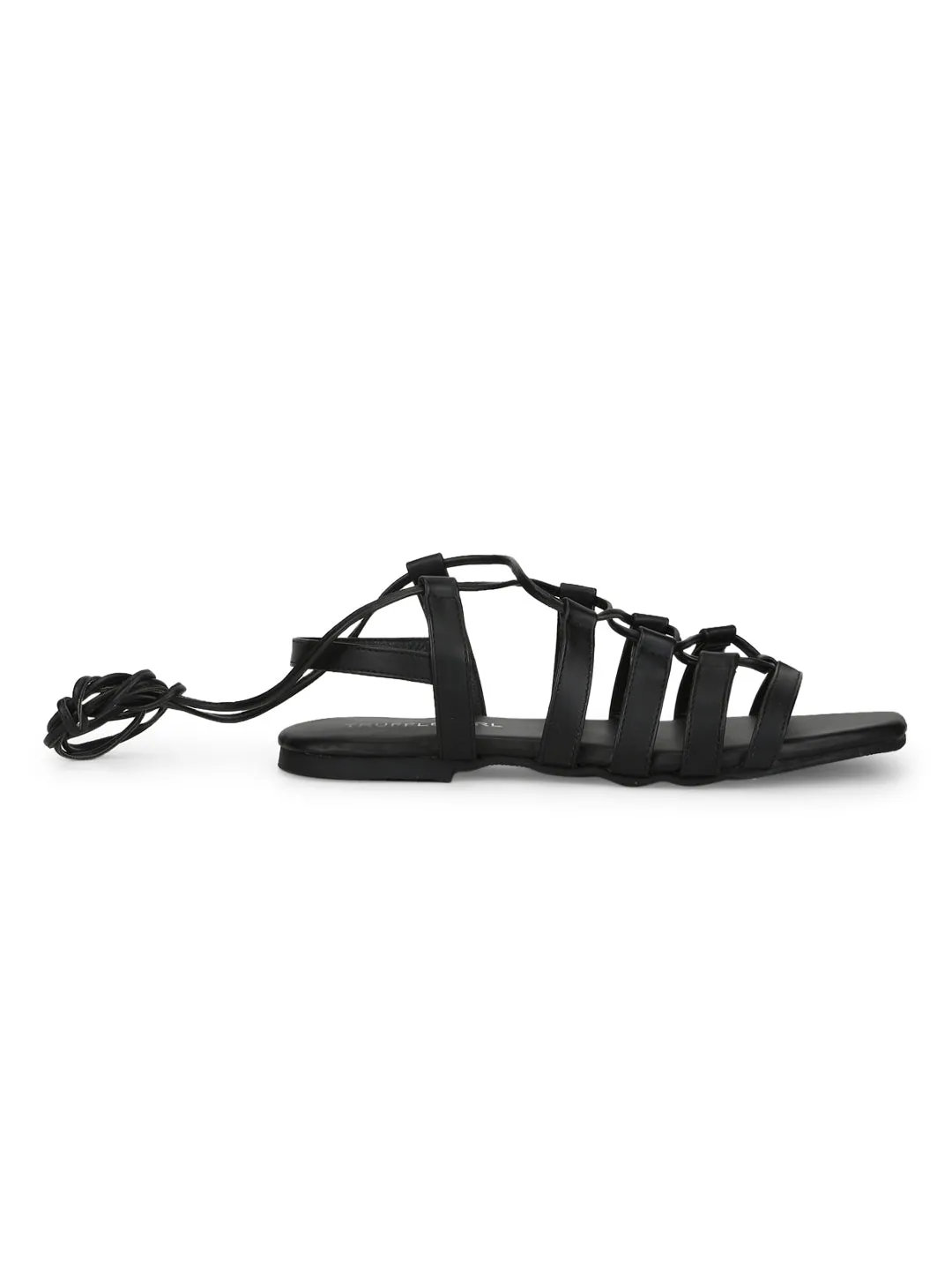 Black PU Lace Up Gladiator Sandals