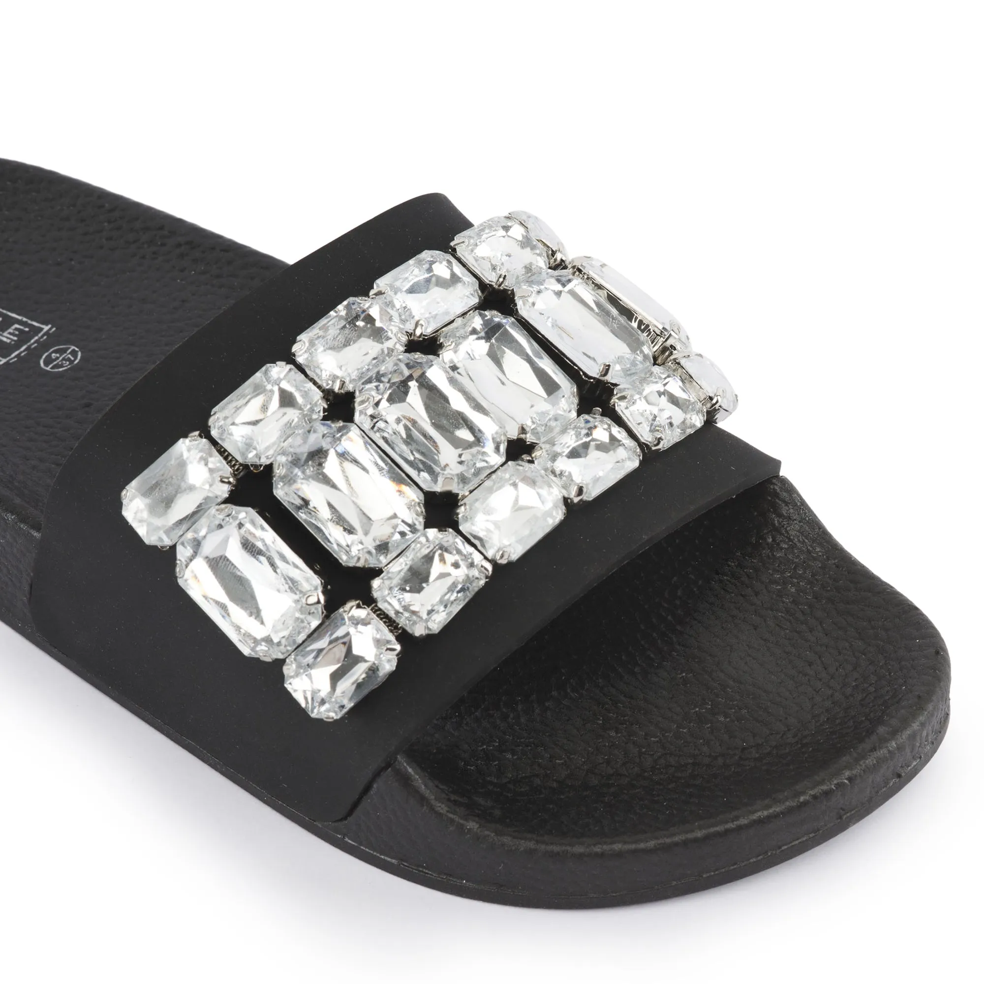 Black Silver Embellished Flat Sliders