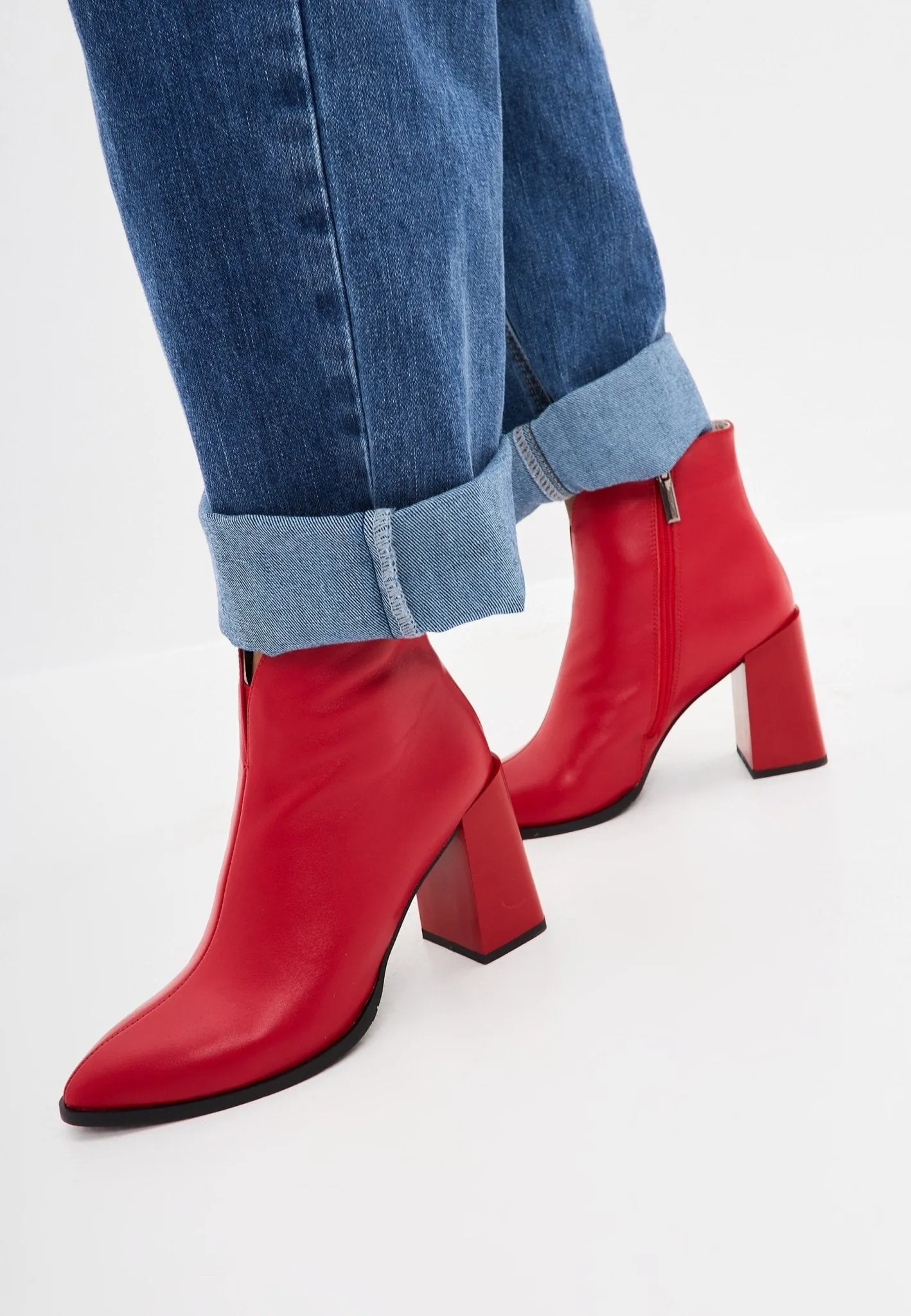 Classic Leather Block Heel Ankle Boots - Red