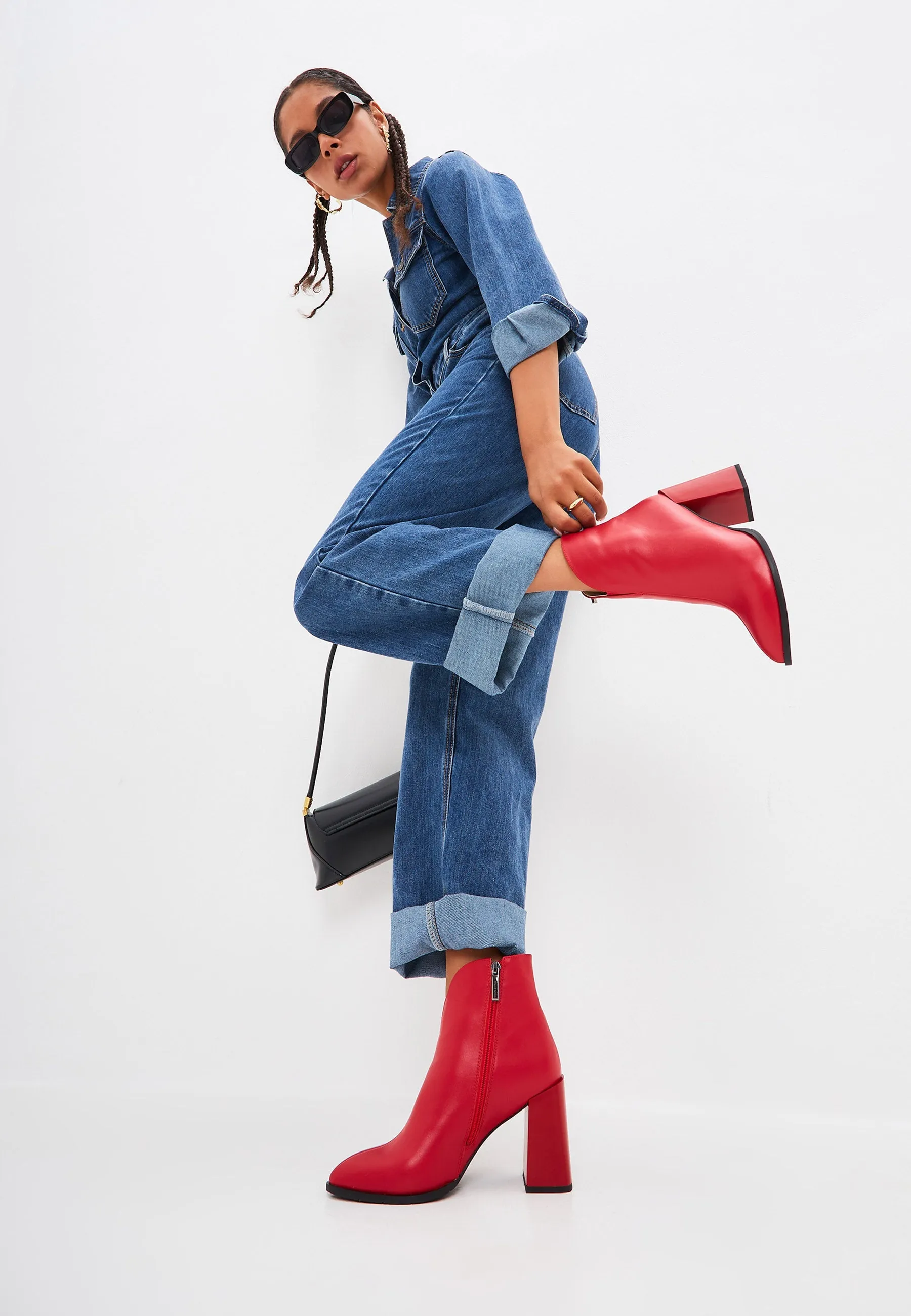 Classic Leather Block Heel Ankle Boots - Red