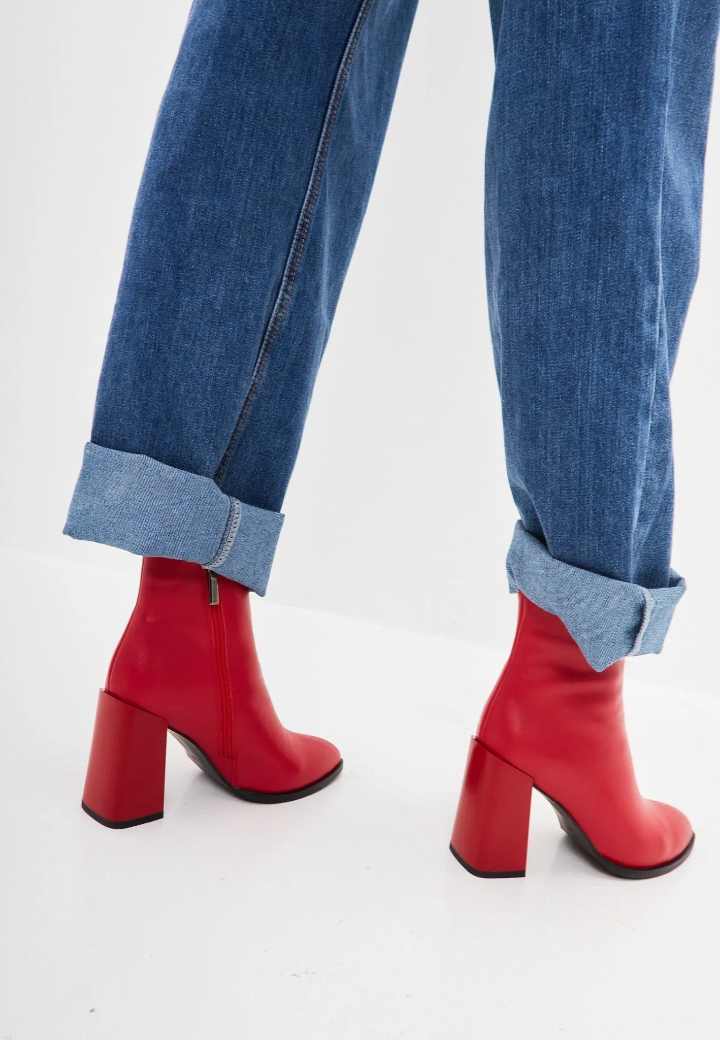 Classic Leather Block Heel Ankle Boots - Red