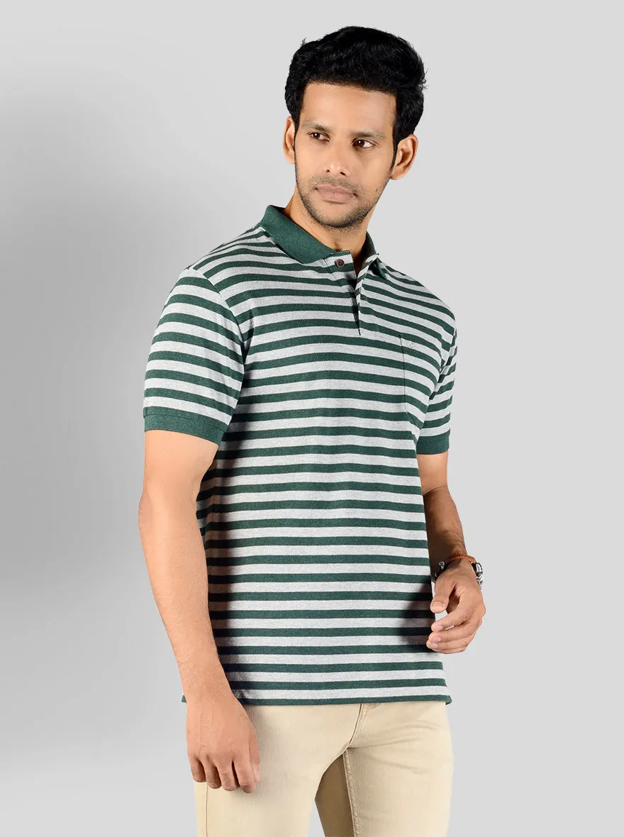 Dark Green & Grey Striped Slim Fit Polo T-shirt | Greenfibre