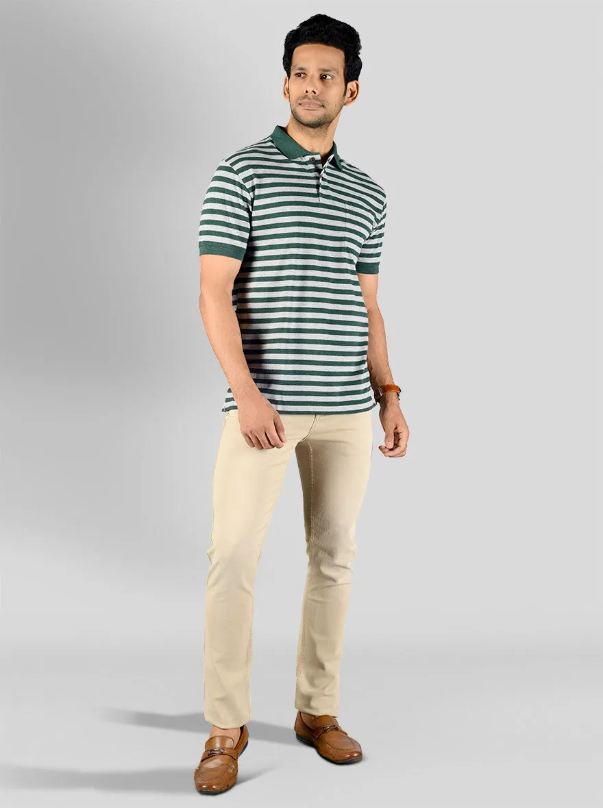 Dark Green & Grey Striped Slim Fit Polo T-shirt | Greenfibre