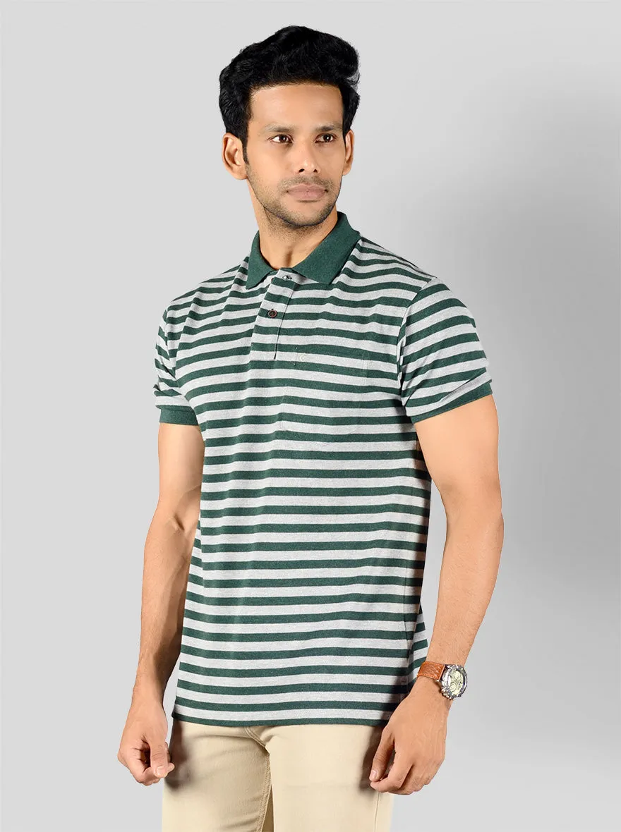 Dark Green & Grey Striped Slim Fit Polo T-shirt | Greenfibre