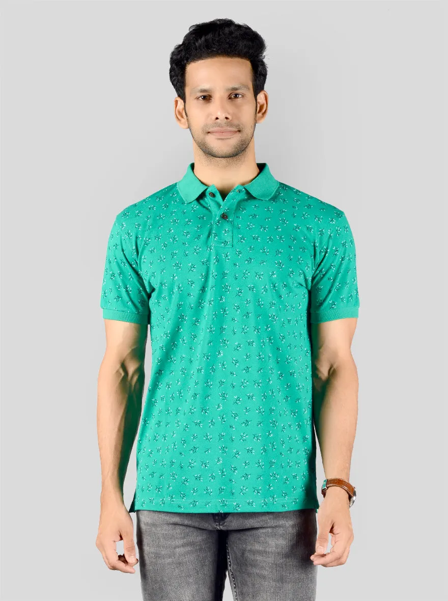 Green Printed Slim Fit Polo T-shirt | Greenfibre