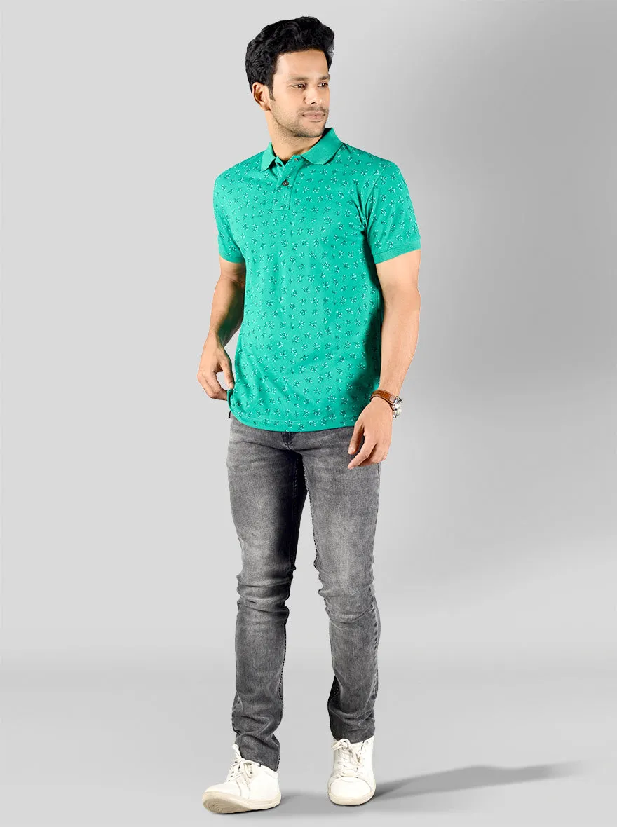 Green Printed Slim Fit Polo T-shirt | Greenfibre