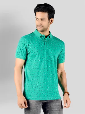 Green Printed Slim Fit Polo T-shirt | Greenfibre