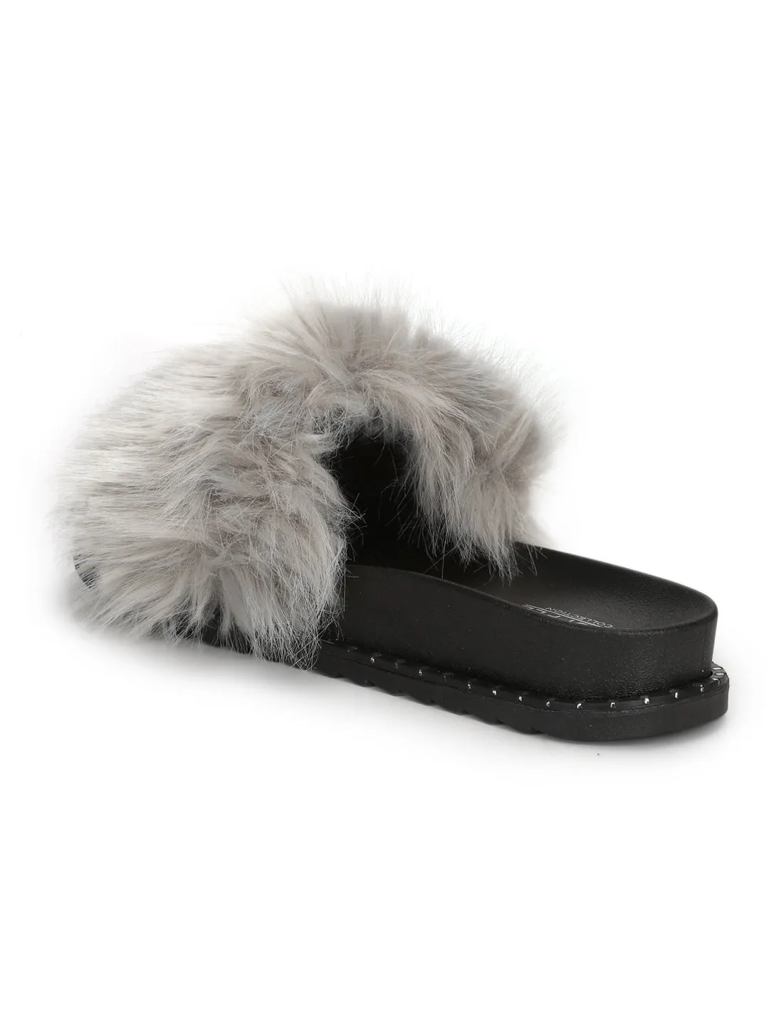 Grey Fur Studded Slip-on Flats