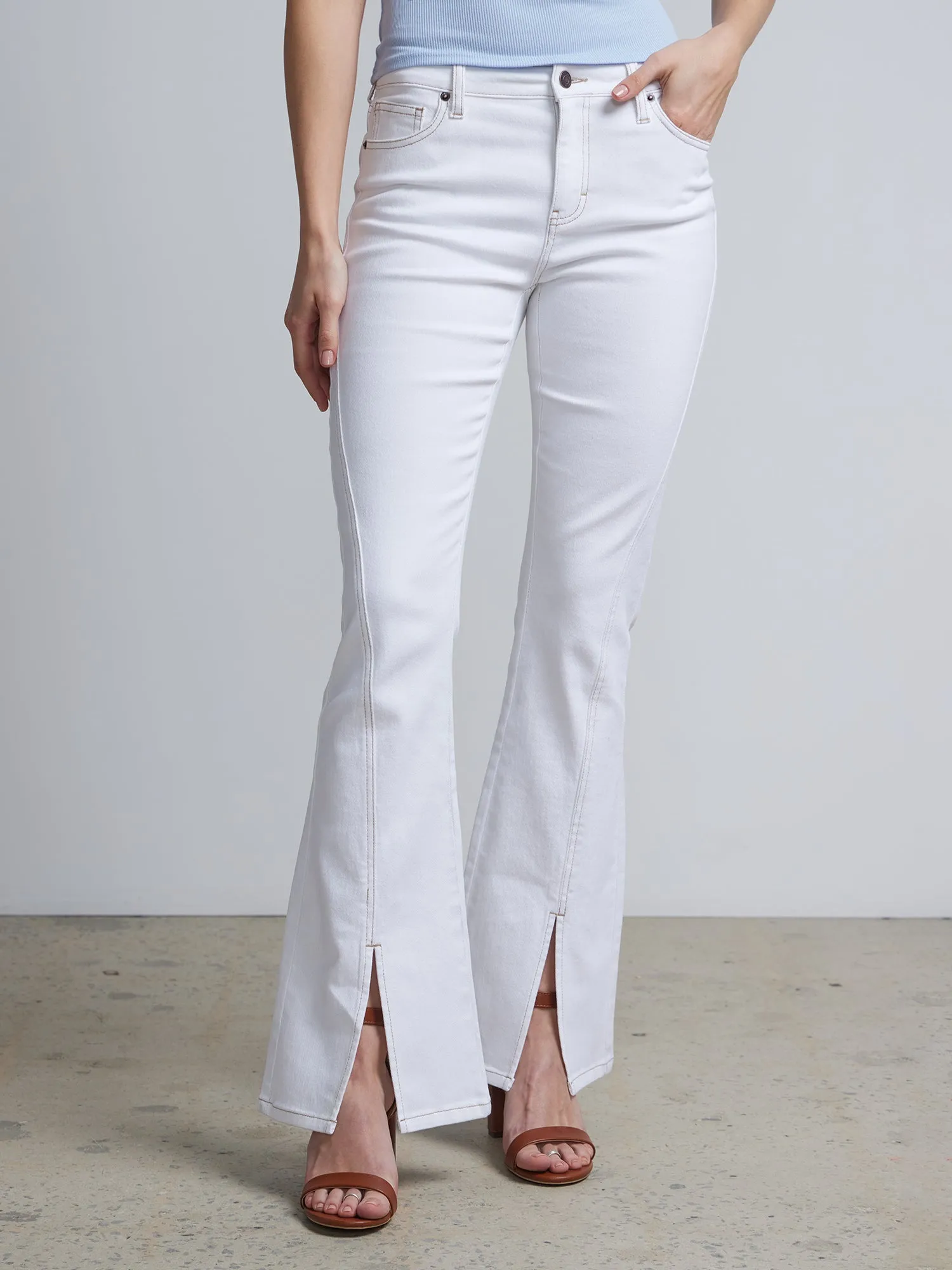 High-Waisted Slit-Hem Bootcut Jeans - White