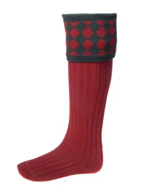 HOUSE OF CHEVIOT Chessboard Shooting Socks - Mens - Brick Red