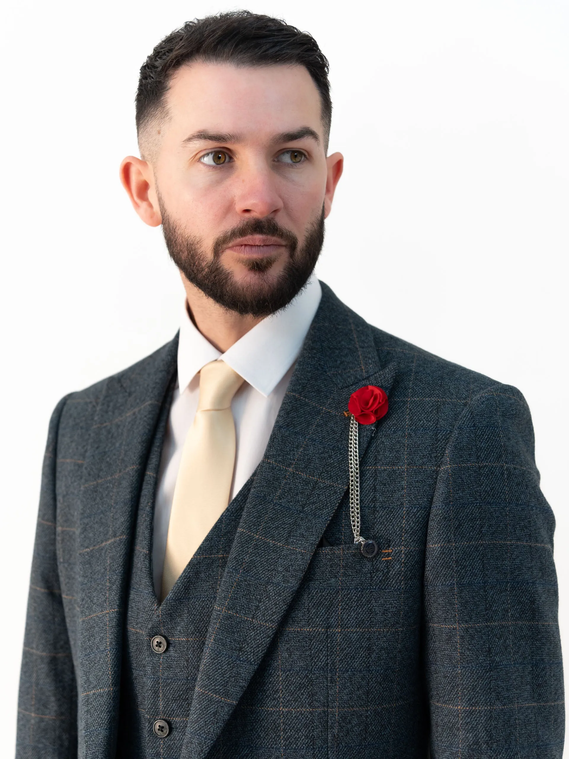 Kensington Blue Tweed with Orange Checks Detailing Double Breasted Three Piece Suit