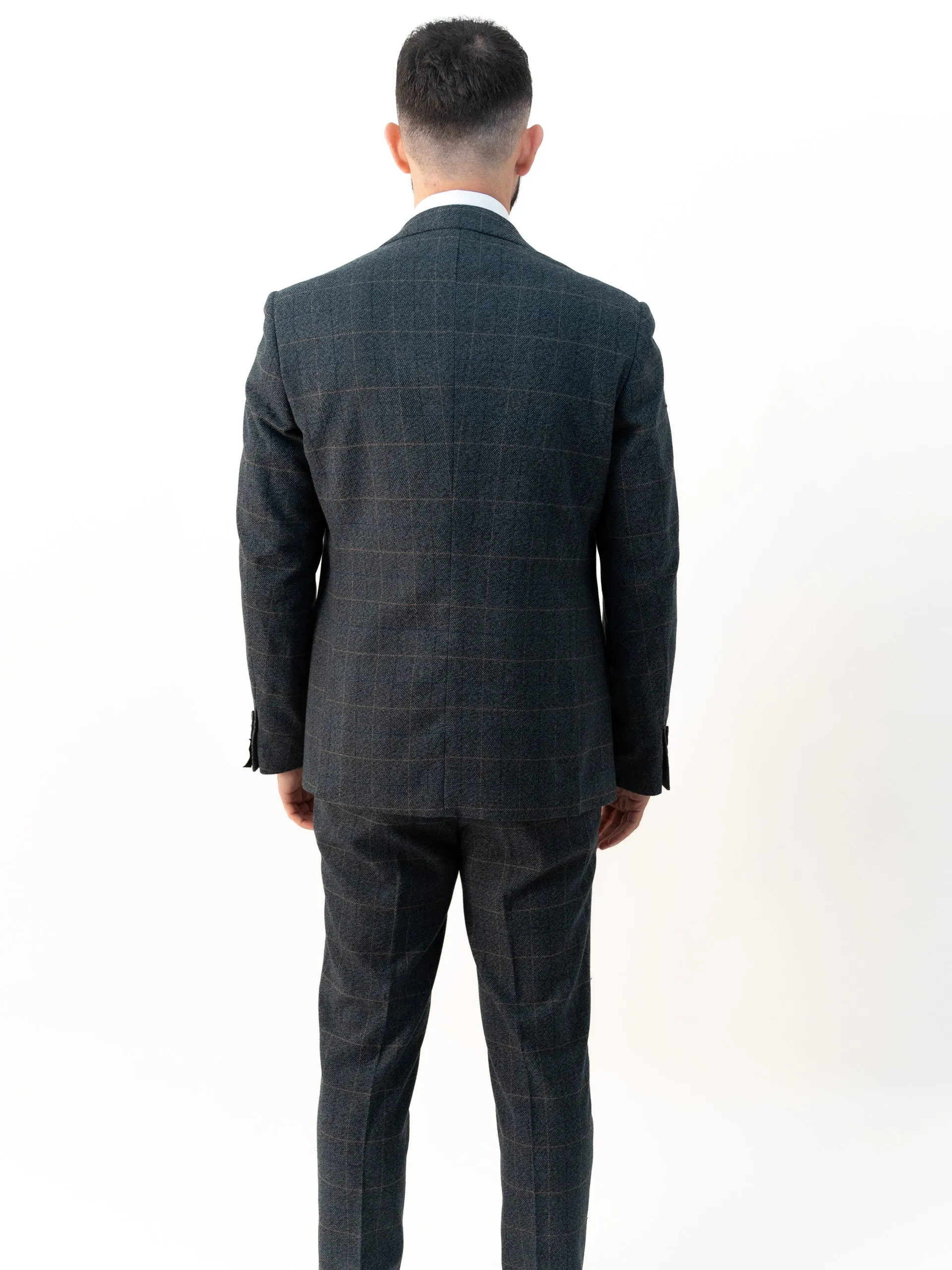 Kensington Blue Tweed with Orange Checks Detailing Double Breasted Three Piece Suit