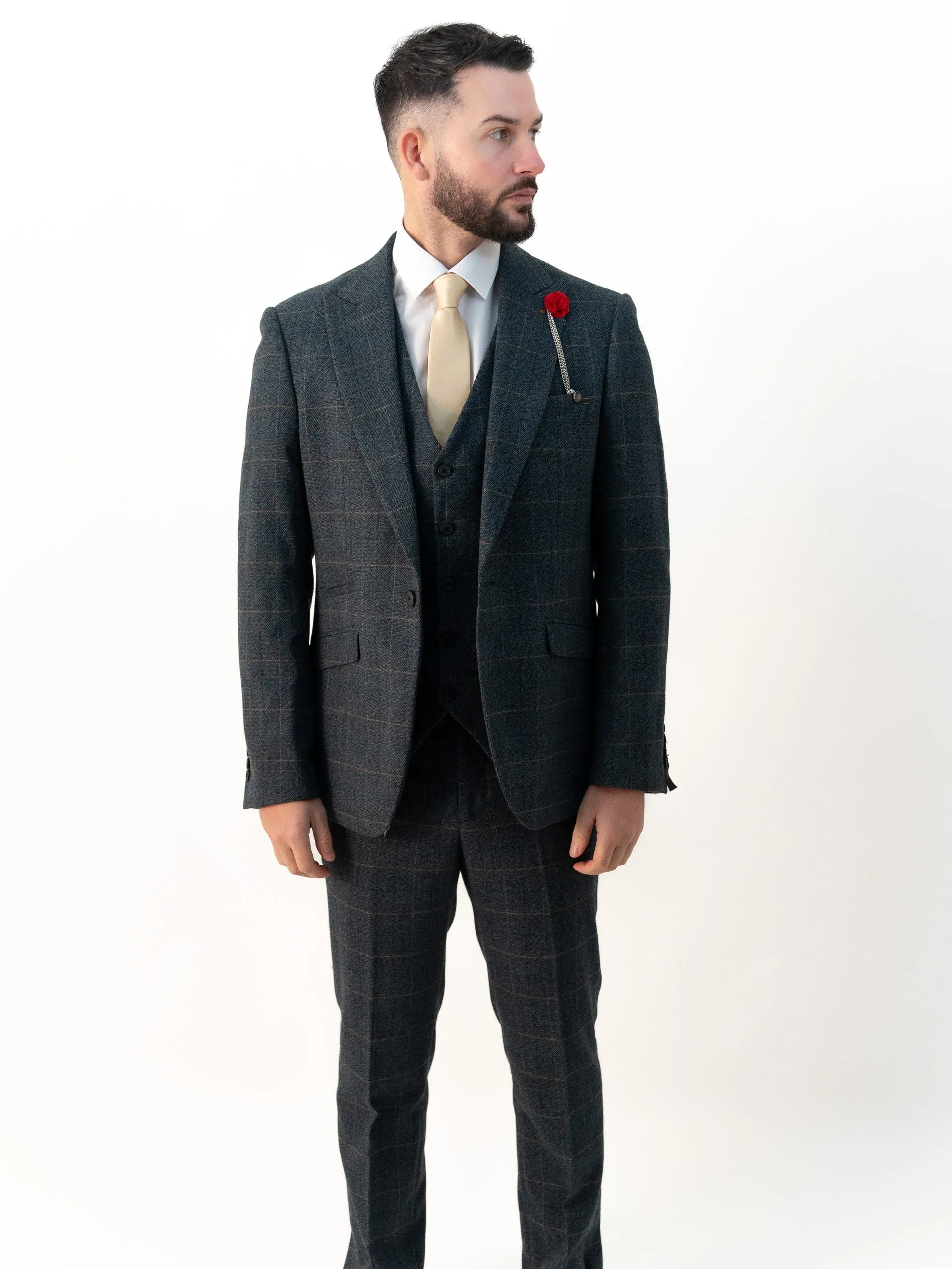 Kensington Blue Tweed with Orange Checks Detailing Double Breasted Three Piece Suit