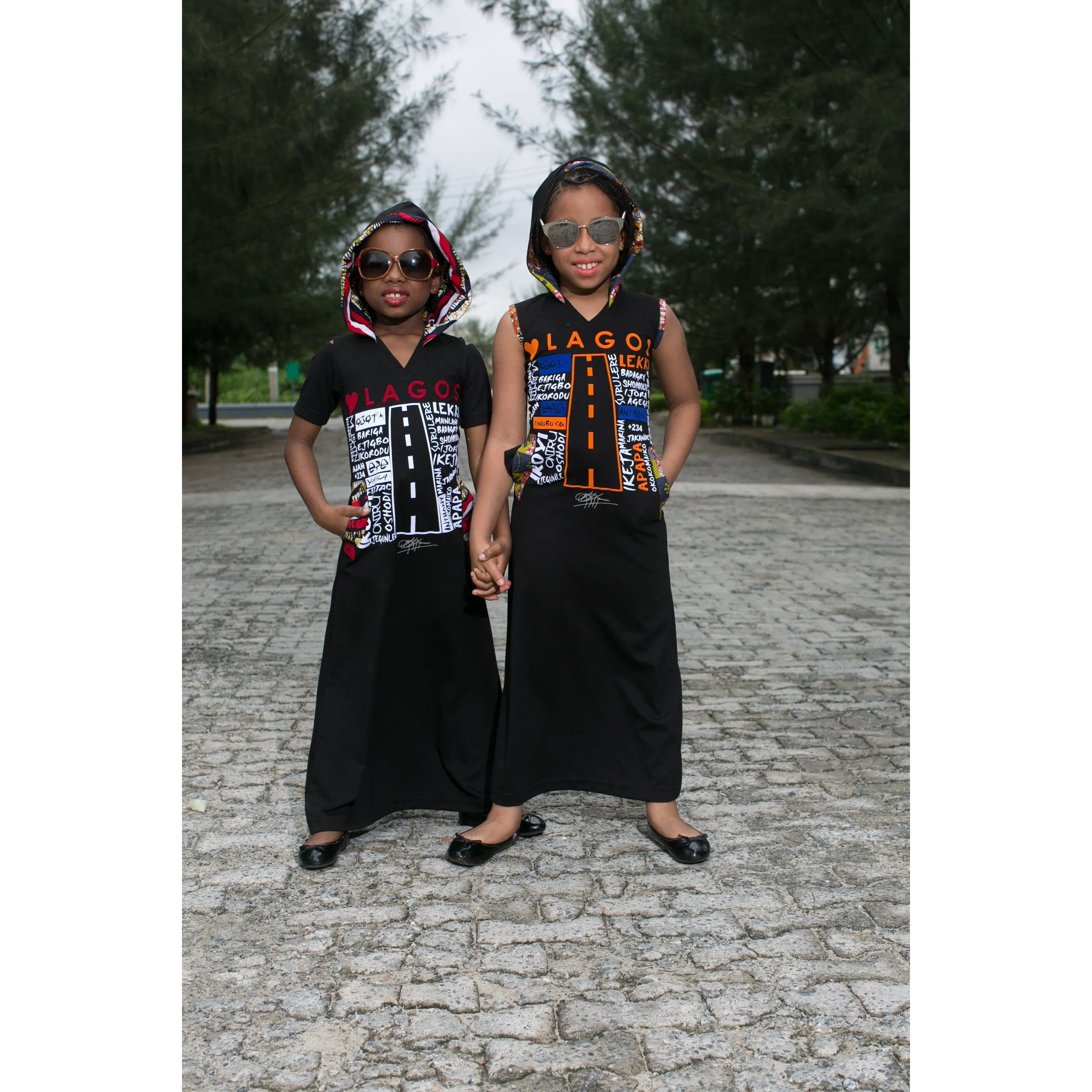 KIDS: LUV LAGOS ANKARA BLACK HOODED MAXI DRESS