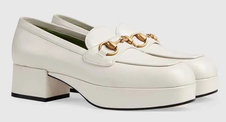 Leather Platform Loafer with Horsebit, White