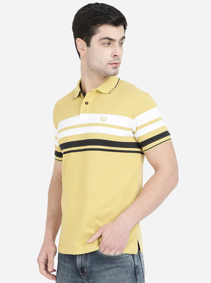 Light Mustard Yellow Striped Slim Fit Polo T-Shirt | Greenfibre