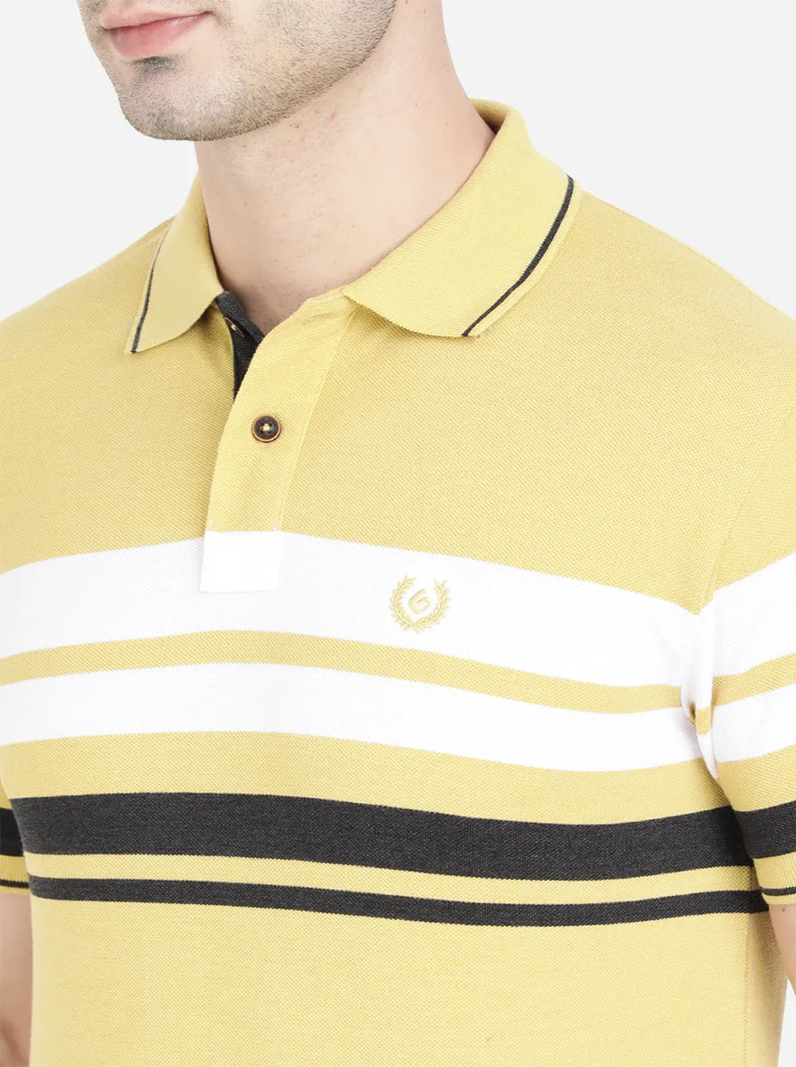 Light Mustard Yellow Striped Slim Fit Polo T-Shirt | Greenfibre