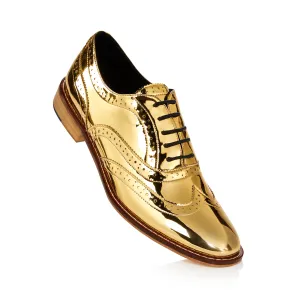 Mirror Finish Gold Metallic Brogue Shoes