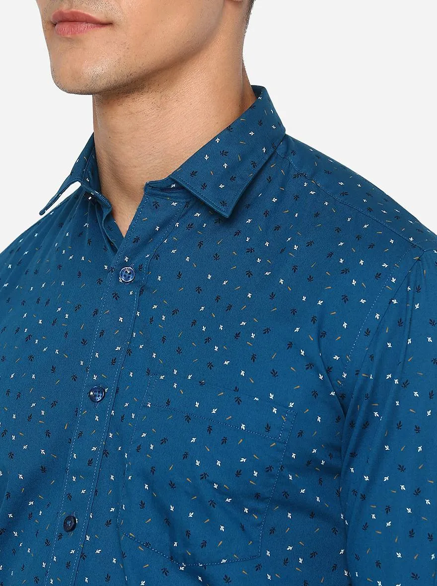 Moroccan Blue Printed Slim Fit Casual Shirt | Greenfibre