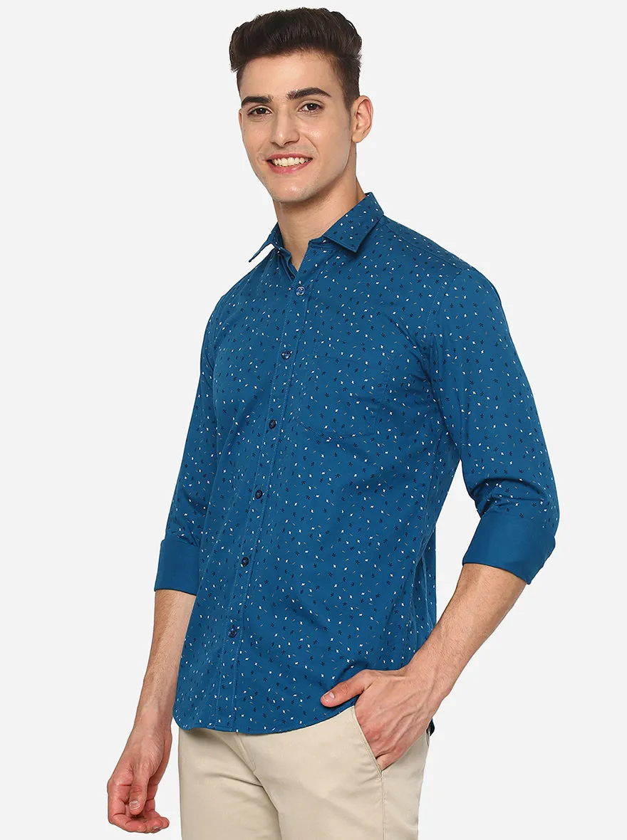 Moroccan Blue Printed Slim Fit Casual Shirt | Greenfibre