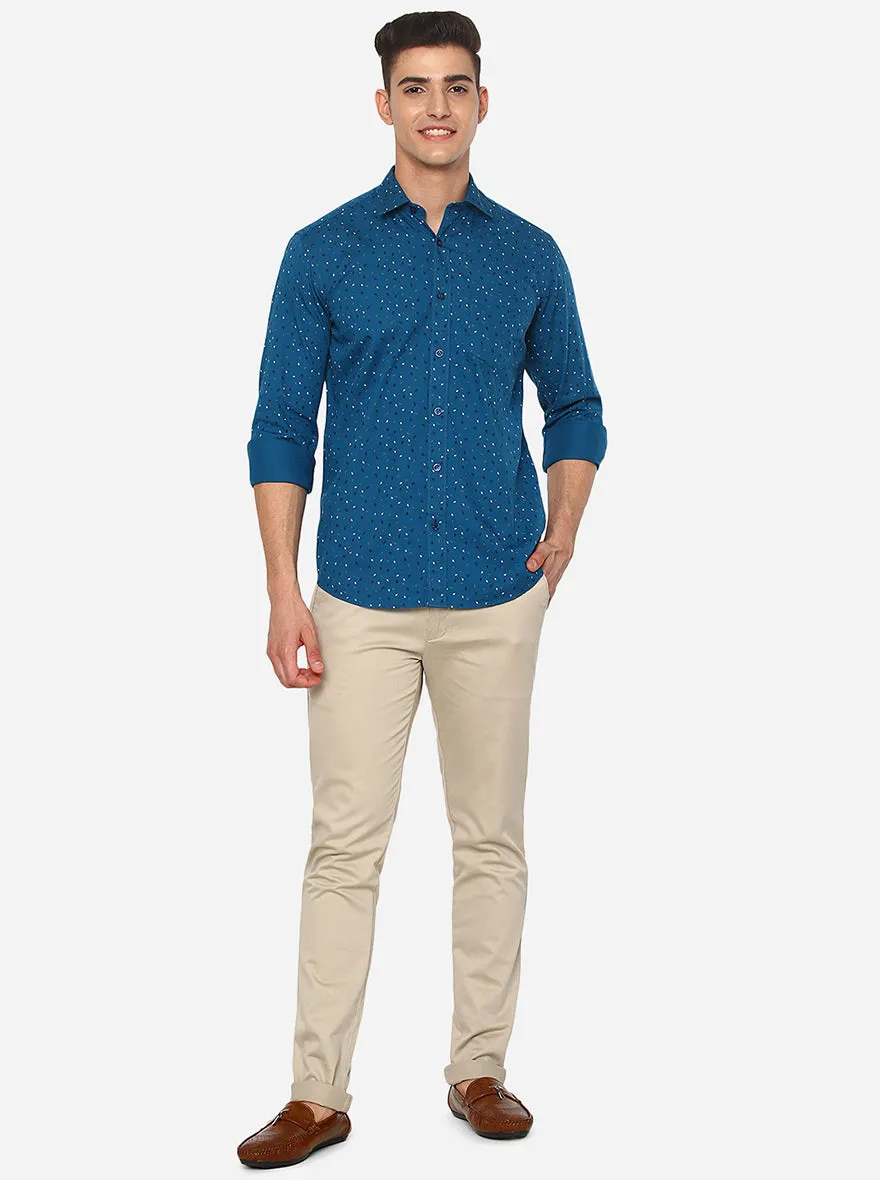 Moroccan Blue Printed Slim Fit Casual Shirt | Greenfibre