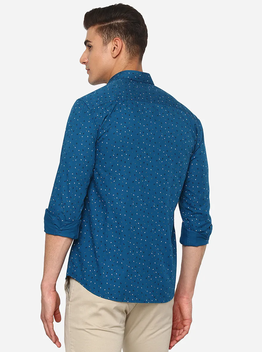 Moroccan Blue Printed Slim Fit Casual Shirt | Greenfibre