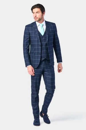 Navy and Teal Window Pane 3 Piece Suit