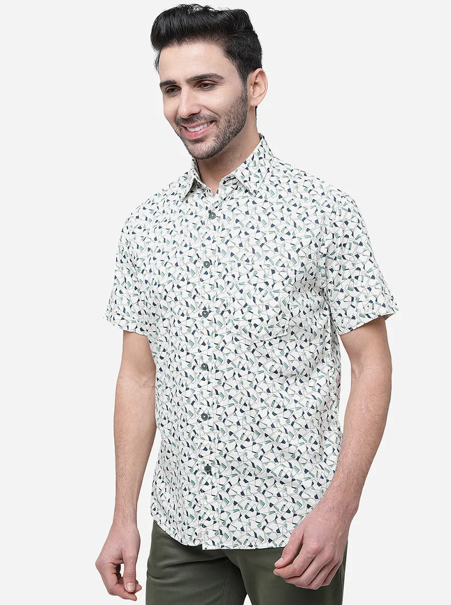 Off White Printed Slim Fit Semi Casual Shirt | Greenfibre