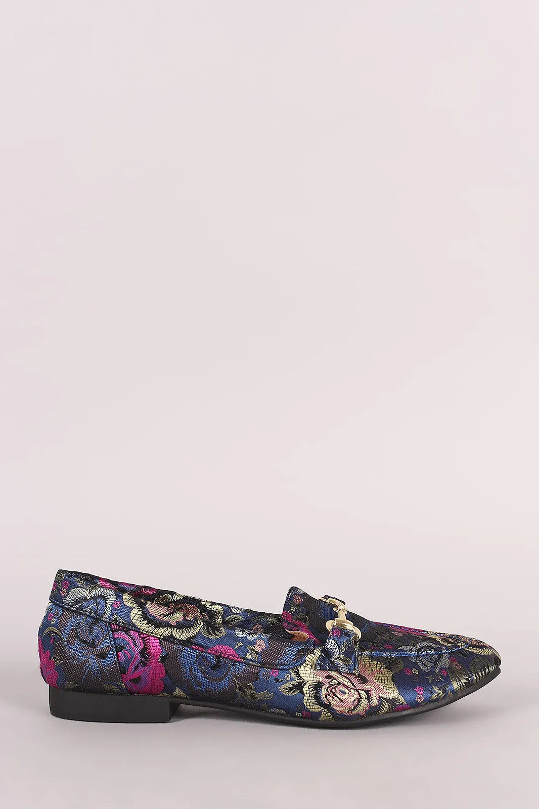 Qupid Horsebit Ornament Floral Slip On Loafer Flat