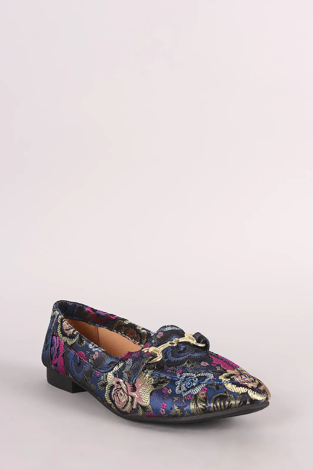 Qupid Horsebit Ornament Floral Slip On Loafer Flat