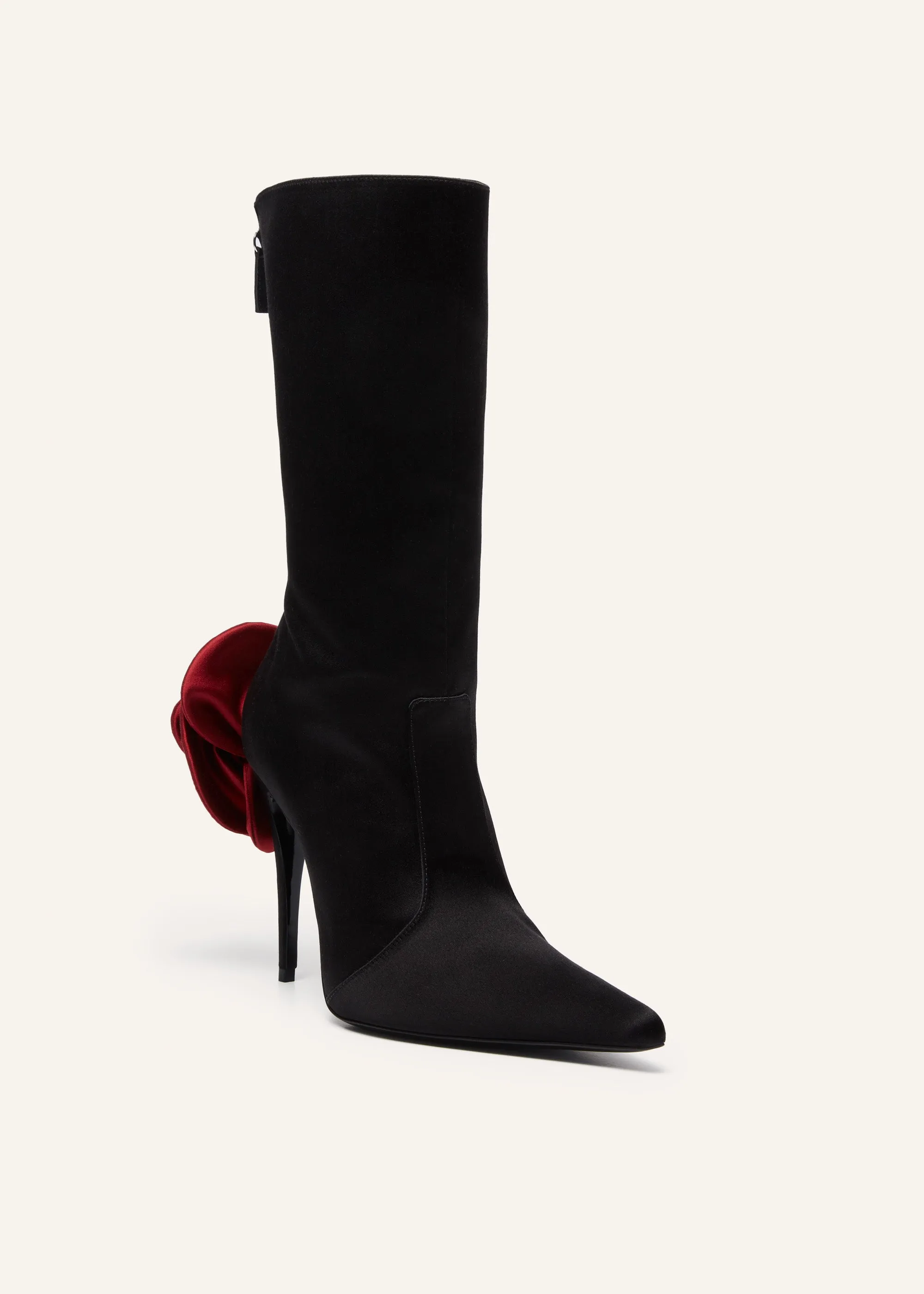 Red flower sharp pointed calf boots in satin