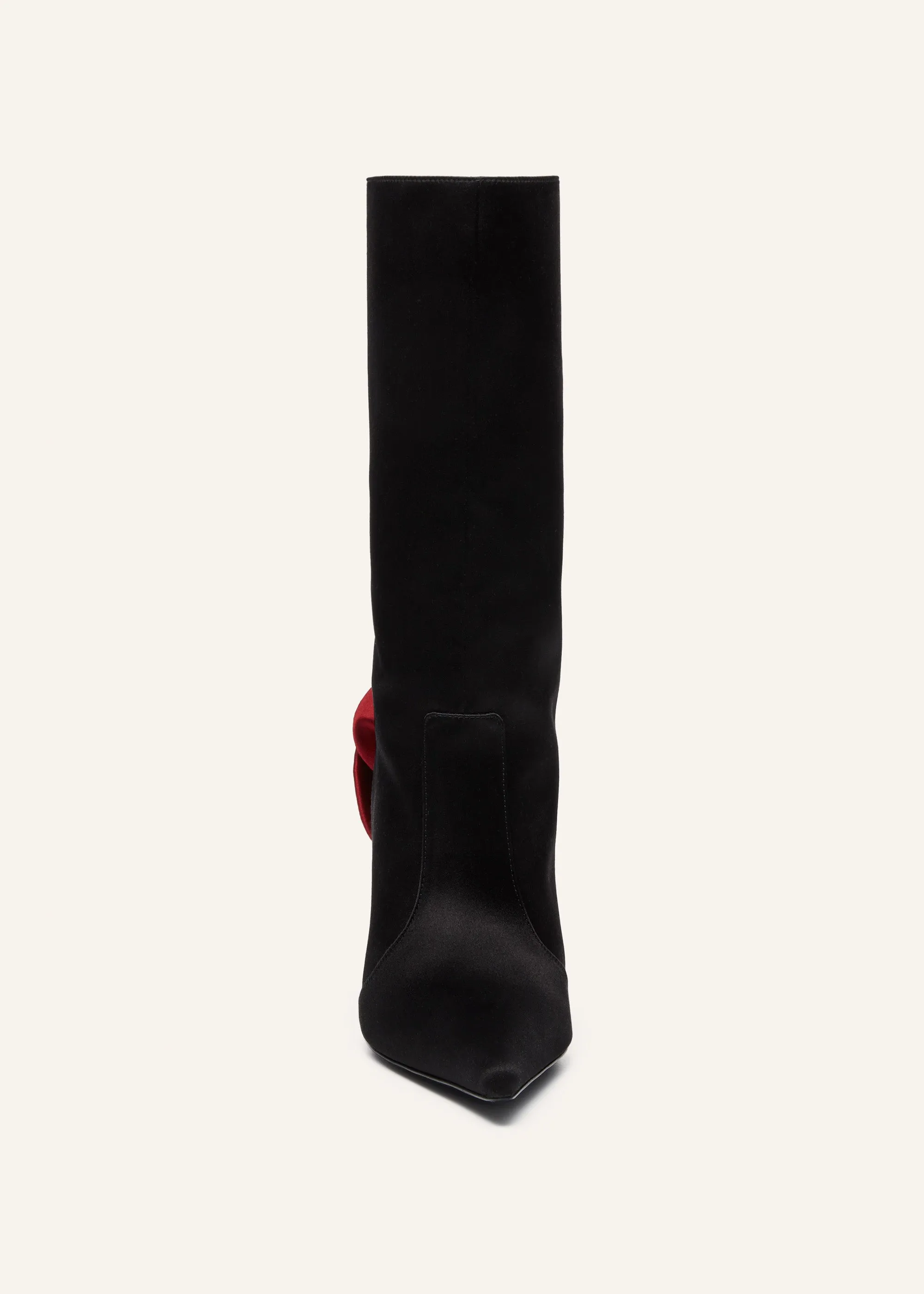 Red flower sharp pointed calf boots in satin