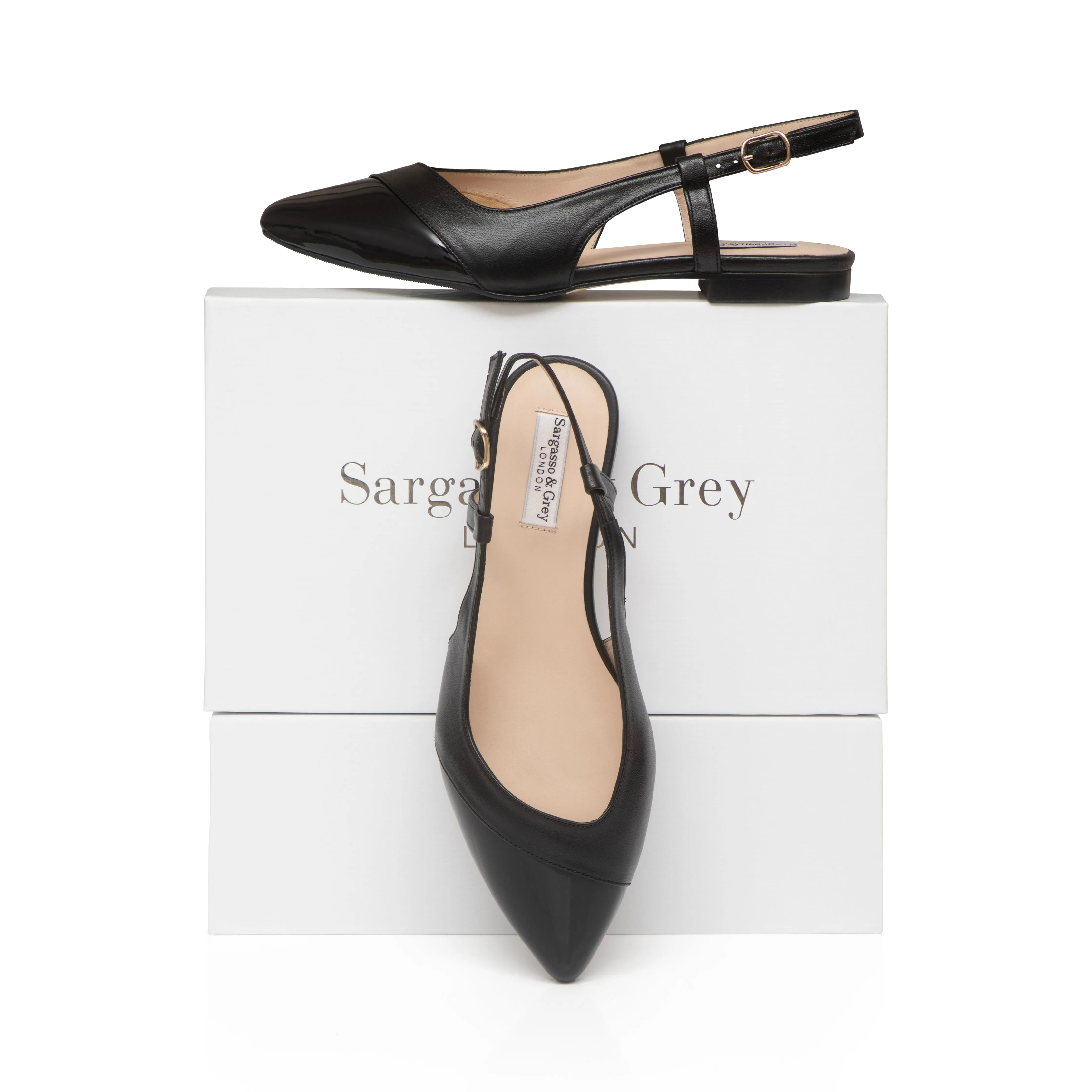 Sadie Extra Wide Fit Slingback Flats - Black Leather & Patent