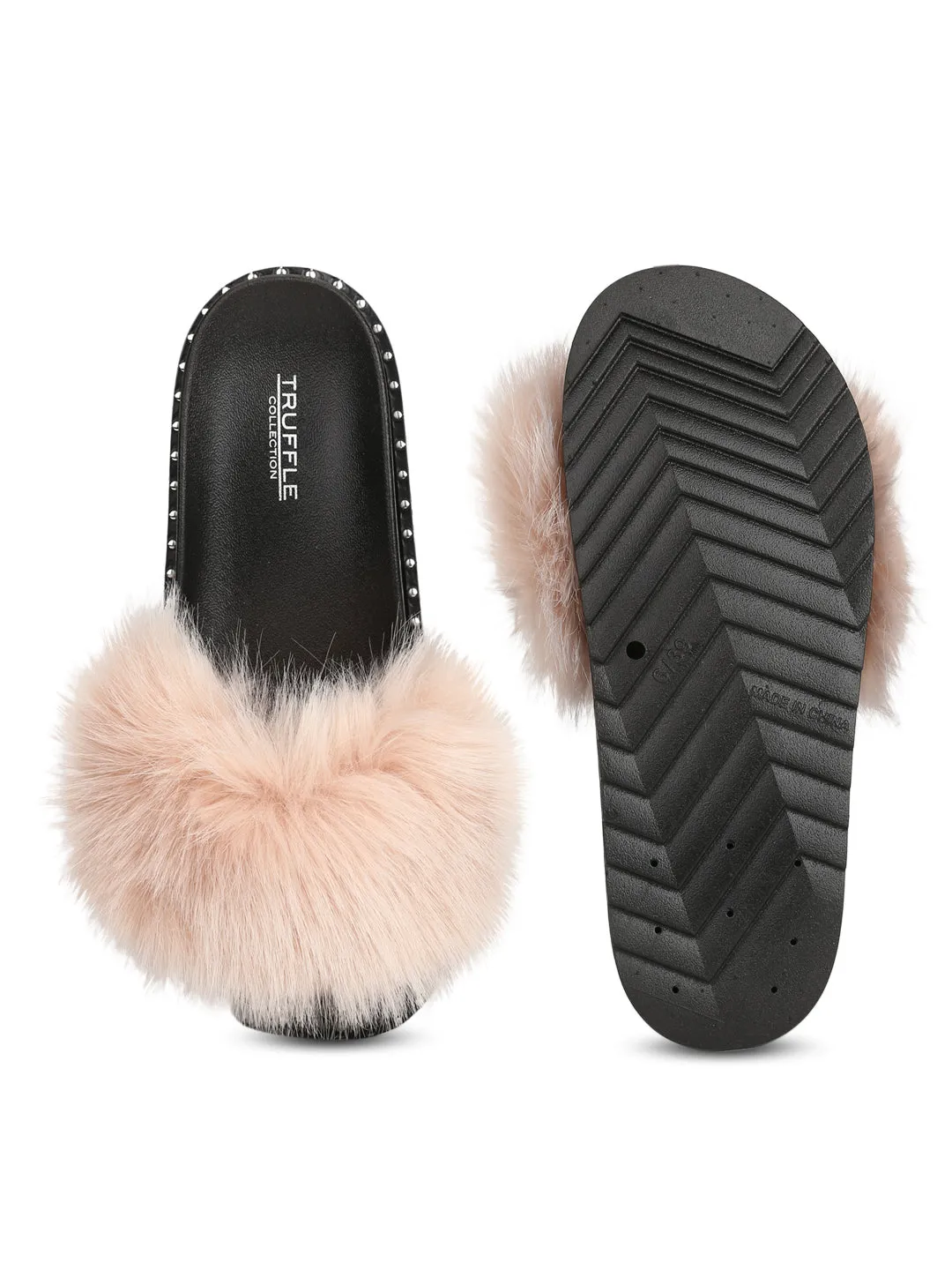 Salmon Fur Studded Slip-on Flats