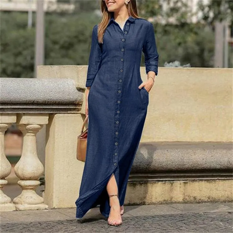 Shirt Collar Denim Button Maxi Dress