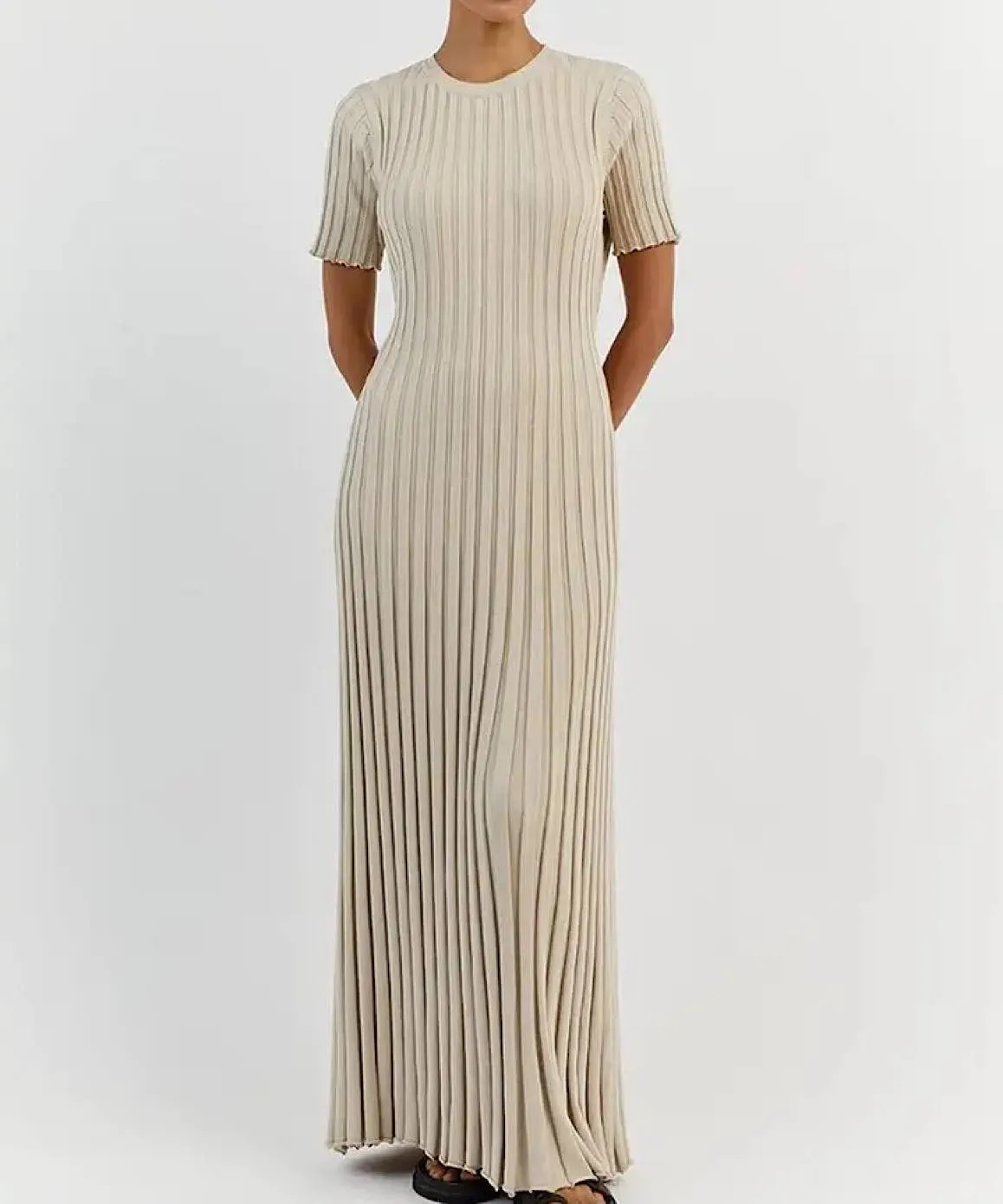 Short Sleeve Knitted Long Maxi Dress In Beige