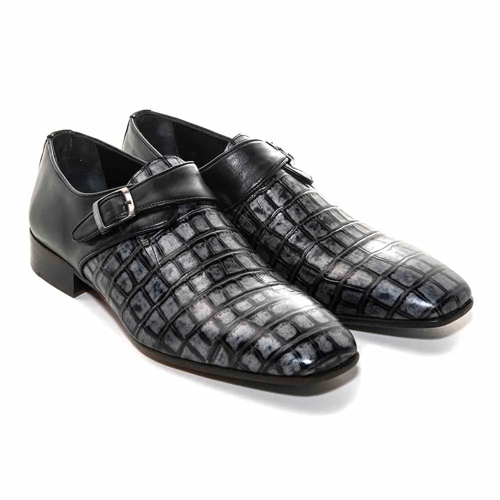 Sigotto Uomo Black Crocodile Print Embossed Monk Strap Buckle Dress Shoes