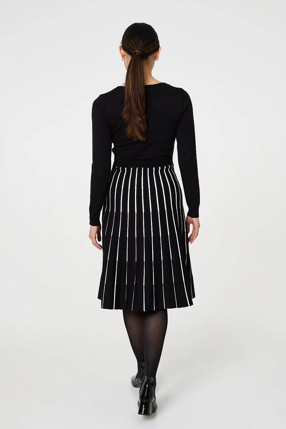 Striped Pleat Skirt Knitted Midi Dress