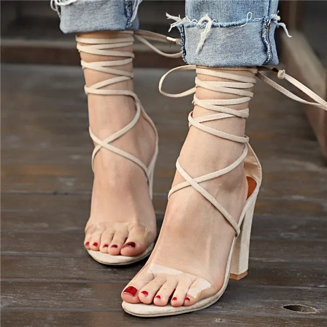 Summer Stylish Women's Lace-up Leather Hight-heeled Sandals