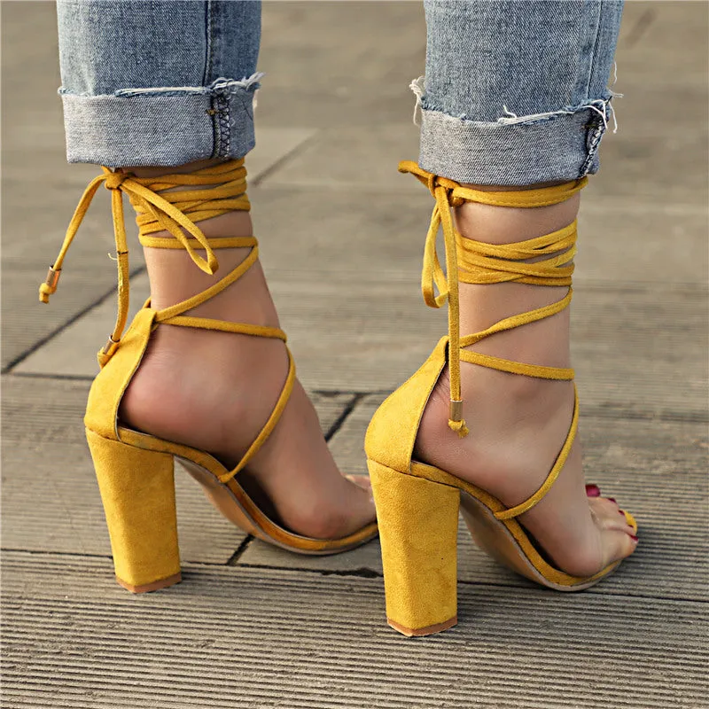 Summer Stylish Women's Lace-up Leather Hight-heeled Sandals