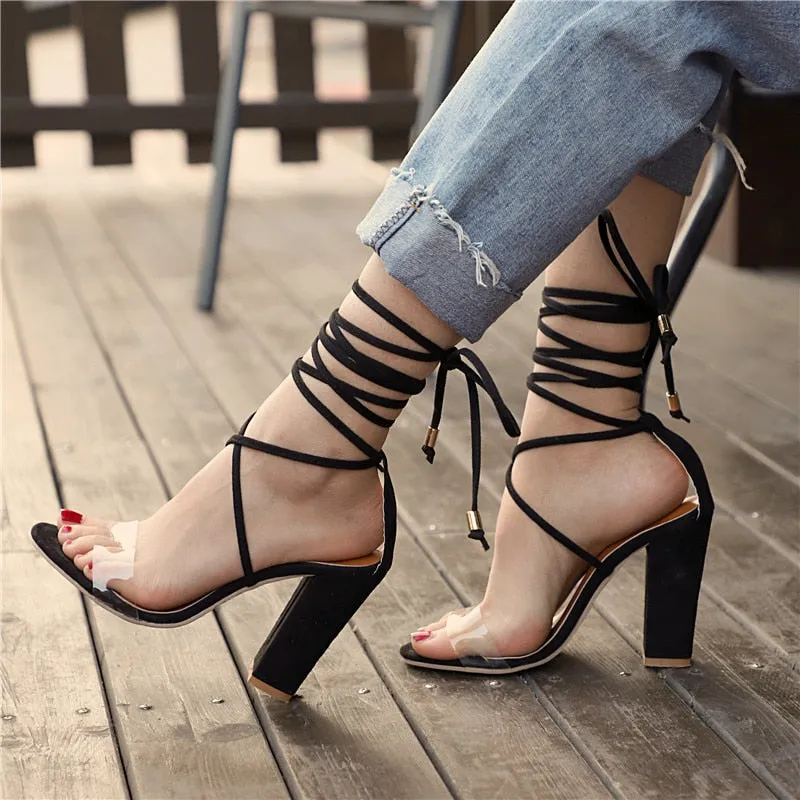 Summer Stylish Women's Lace-up Leather Hight-heeled Sandals