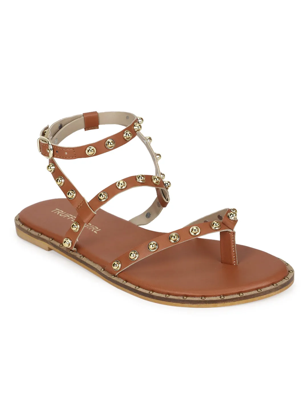 Tan PU Studded Flat Sandals (TC-ST-1209-TAN)