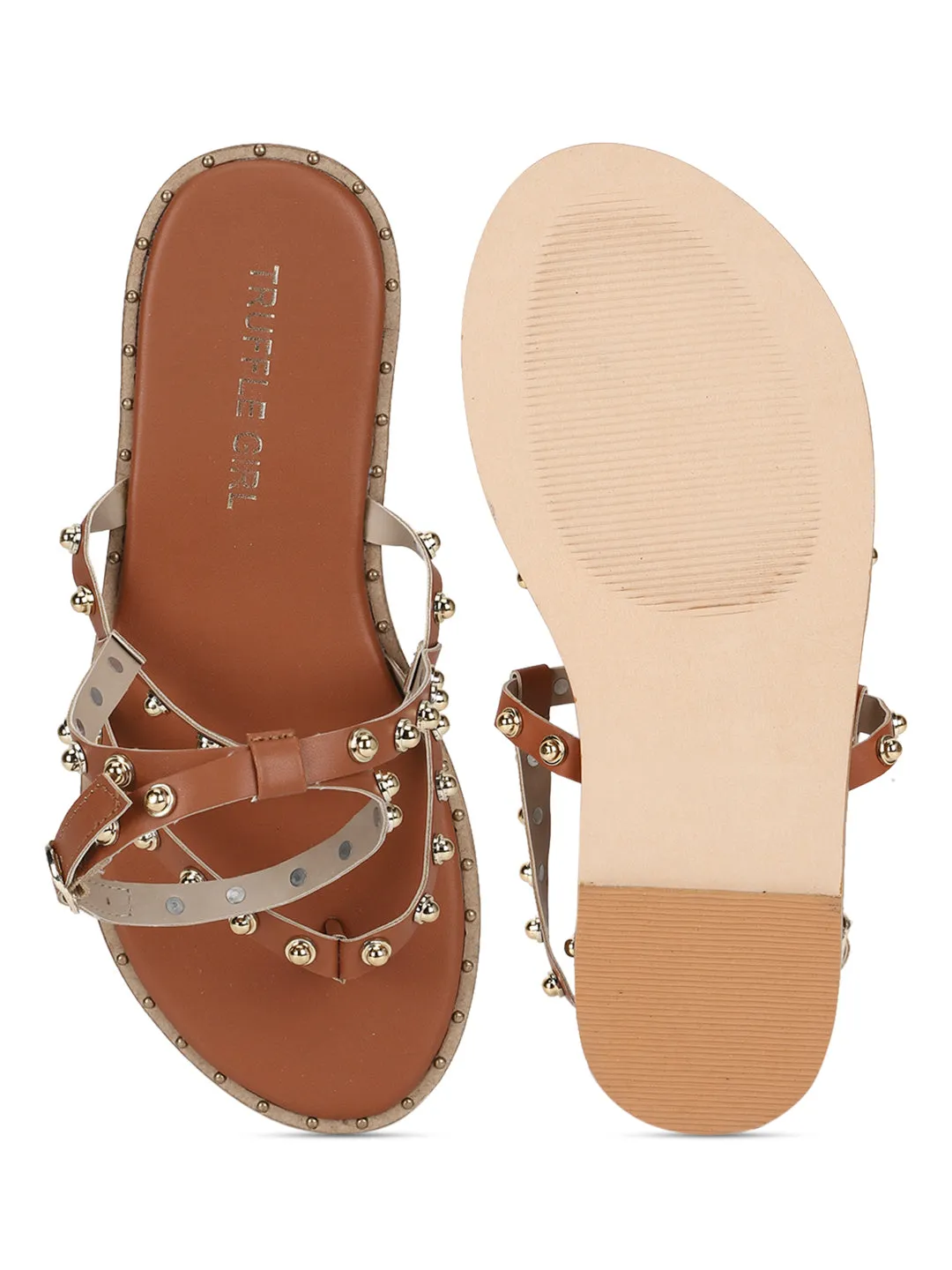 Tan PU Studded Flat Sandals (TC-ST-1209-TAN)