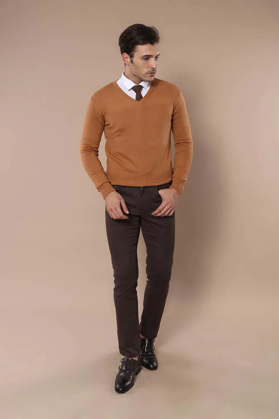 V Neck Brown Men Sweater