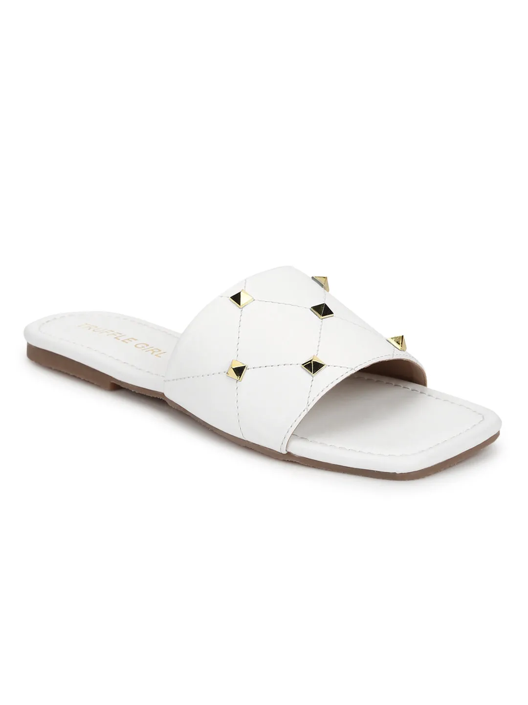 White PU Studded Slides (TC-RLST8-WHT)