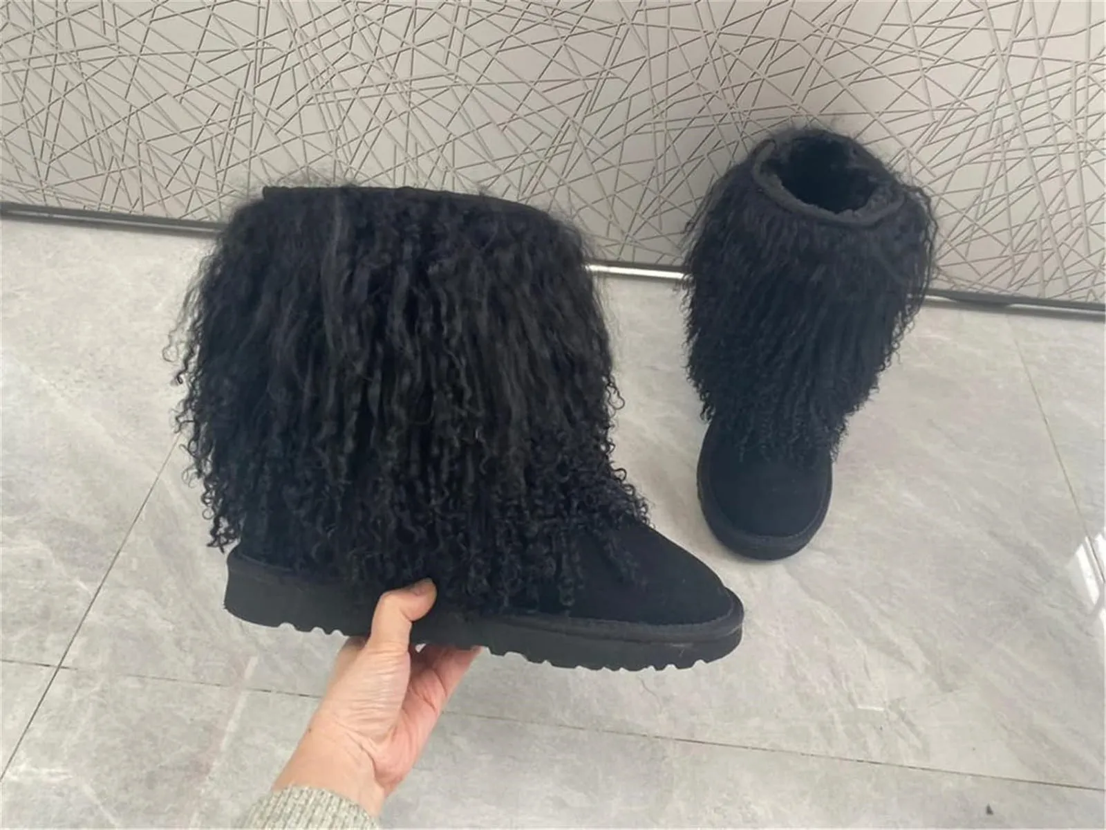 Women's Fluffy Real Mongolian Sheep Mid Half Hair Boot Furry Snow Boots With Comf Warm Booties With Wool Lining