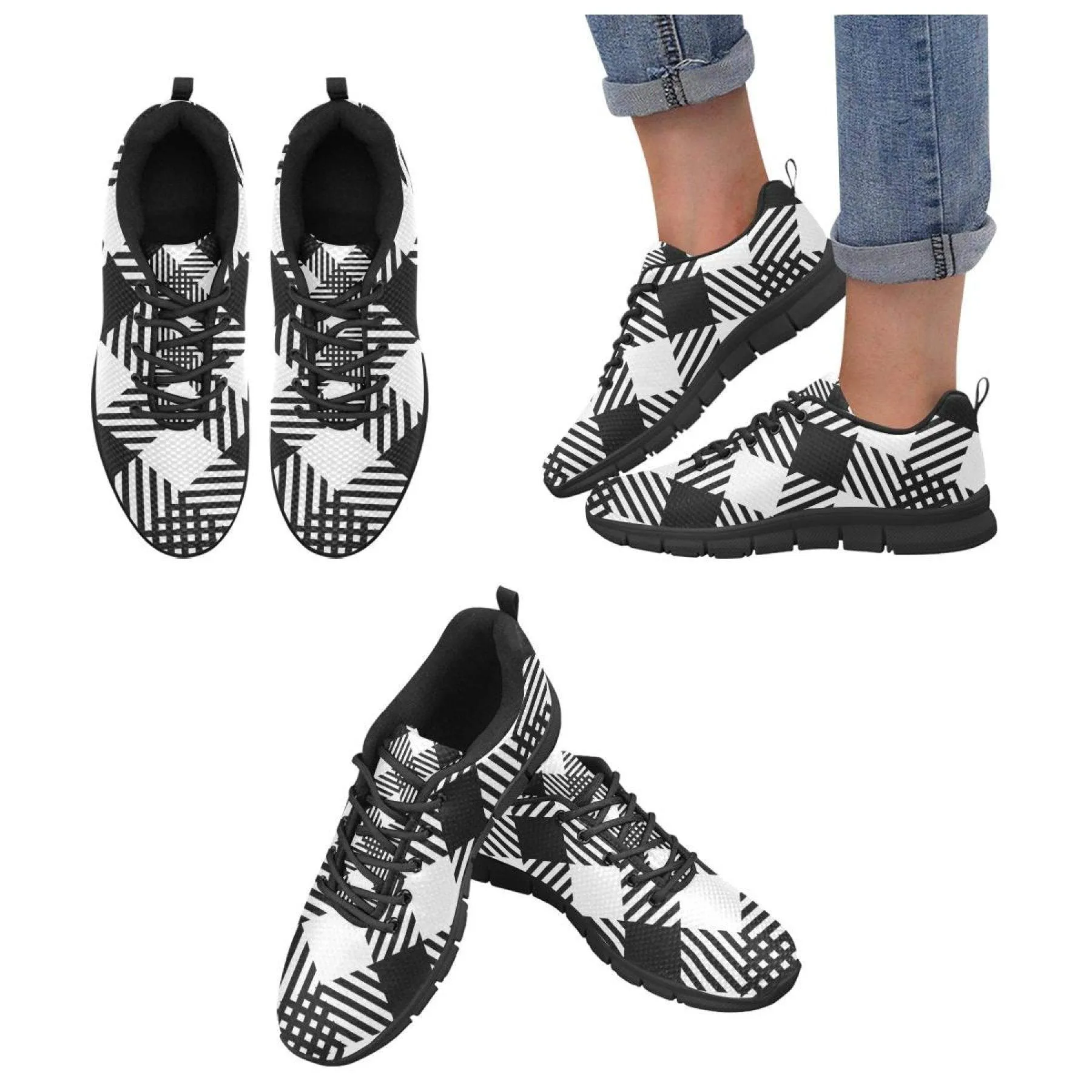 Womens Sneakers, Black And White Plaid Print Running Shoes